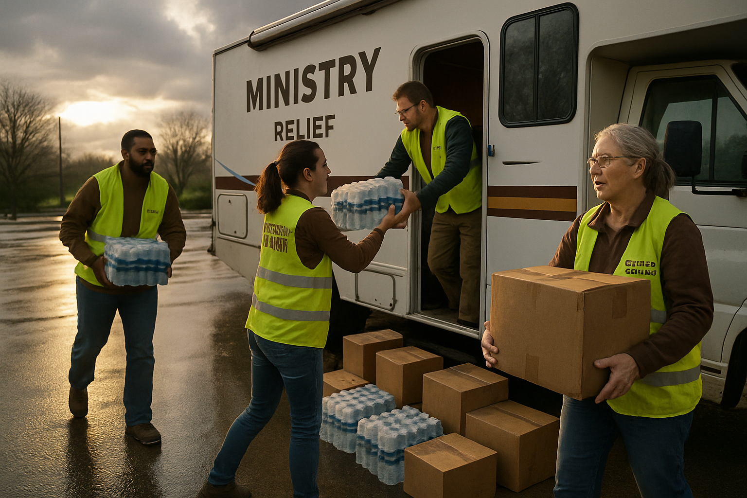 Volunteers unloading relief supplies after a storm