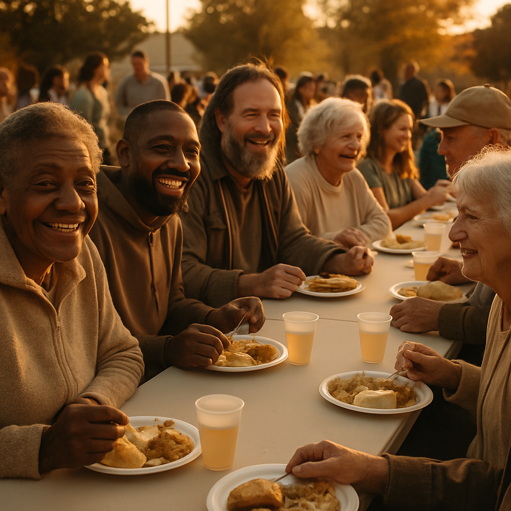 A diverse community sharing a meal together outdoors