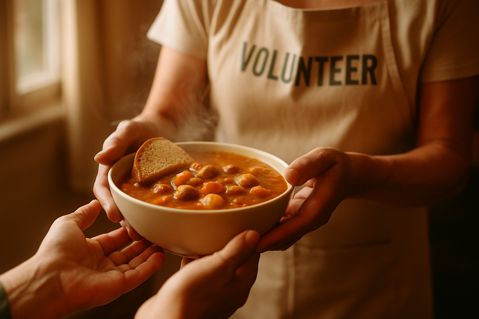 A volunteer handing a hot meal to a neighbor